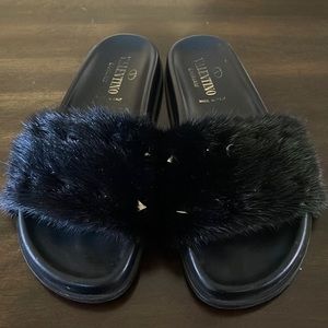 Valentino Garavani Rock Stud Mink Fur Slides
